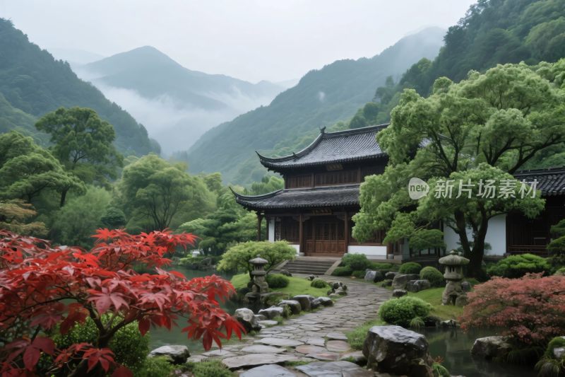 中式古建山水园林图