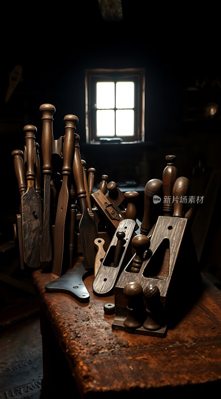 昏暗木工坊里的工具世界