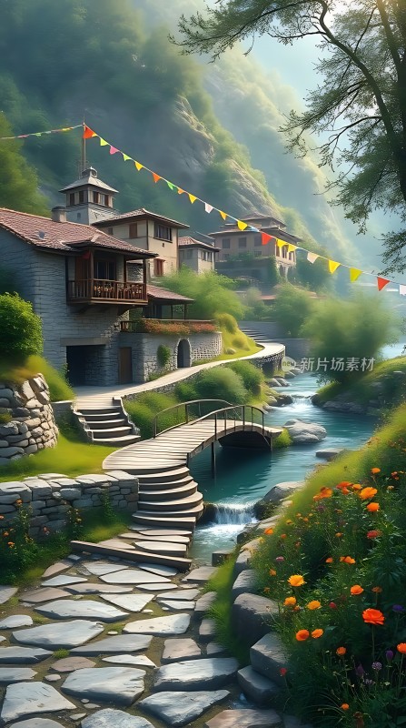 山间小溪旁的宁静村庄
