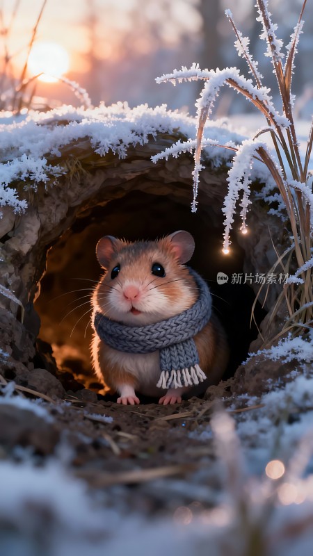 雪地中探出头的小仓鼠