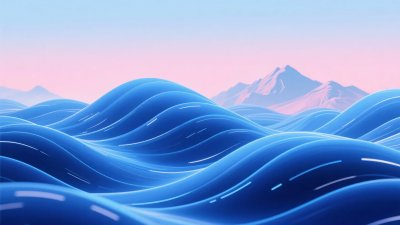 蓝色波浪与远山风景插画 蓝色波浪与远山风景插画