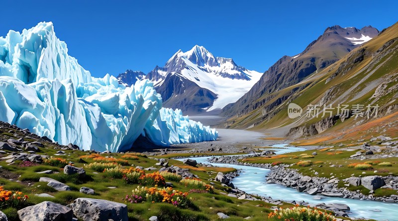 冰川之谷雪山、冰瀑与花海