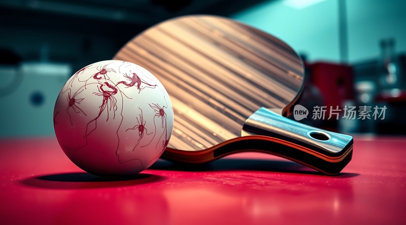 新片场素材 红色乒乓球拍与球