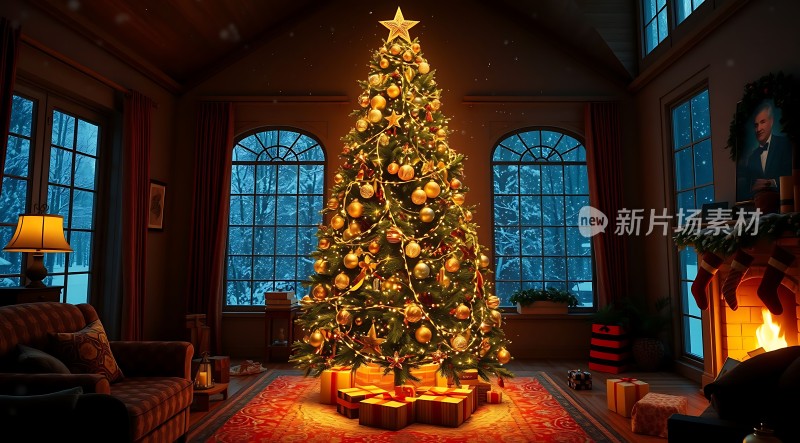 温馨圣诞树下的礼物和壁炉