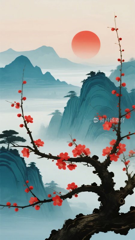 红梅映日山水插画