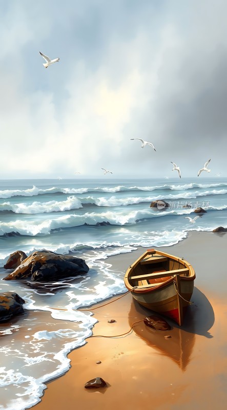 海边的木船与飞翔的海鸥