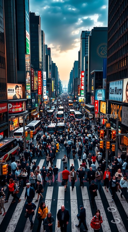 繁华都市街头人群熙攘车水马龙霓虹闪烁