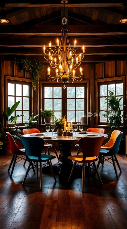 温馨木屋餐厅彩色座椅与吊灯营造浪漫氛围