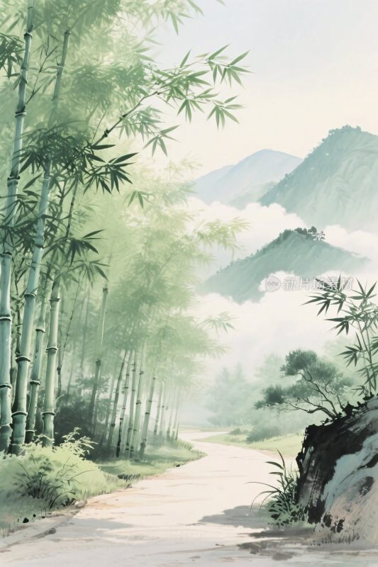 山水竹林风景插画