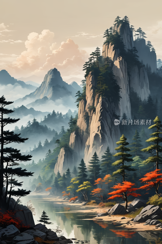 河流和树木山地景观高清插画图片