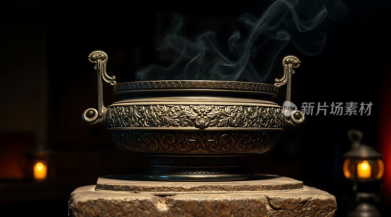古铜香炉石台静置烟雾缭绕显神秘