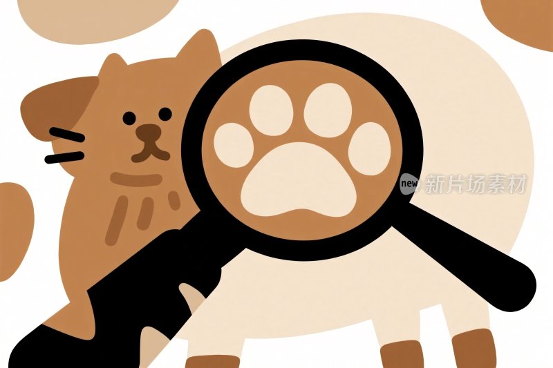 卡通猫看爪印插画