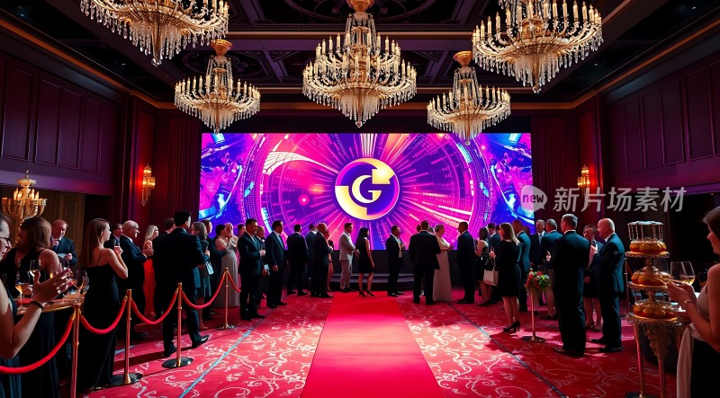 红毯盛宴华丽大堂璀璨吊灯时尚人群精美甜点