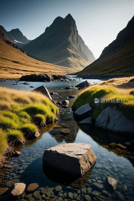 一条小溪流经草谷高清风景图片