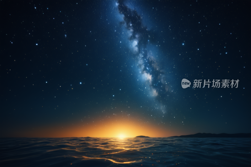 星空在海洋上空发出明亮的橙色光芒背景图片