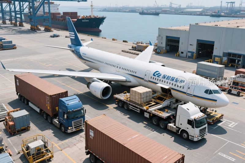 机场货场的飞机与装卸车辆