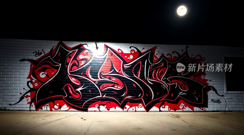新片场素材夜幕下的红色涂鸦艺术