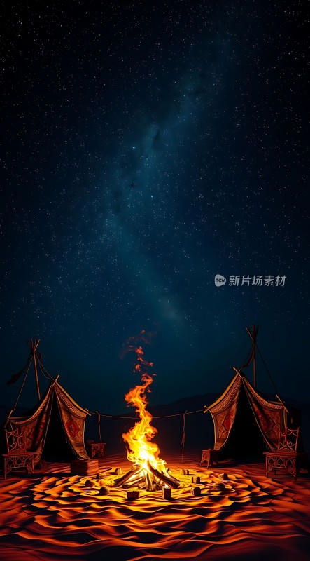 星空下的篝火旁沙漠帐篷夜宿
