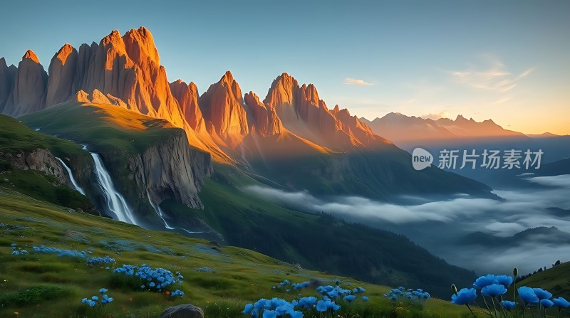 日出时分的壮丽山脉与瀑布