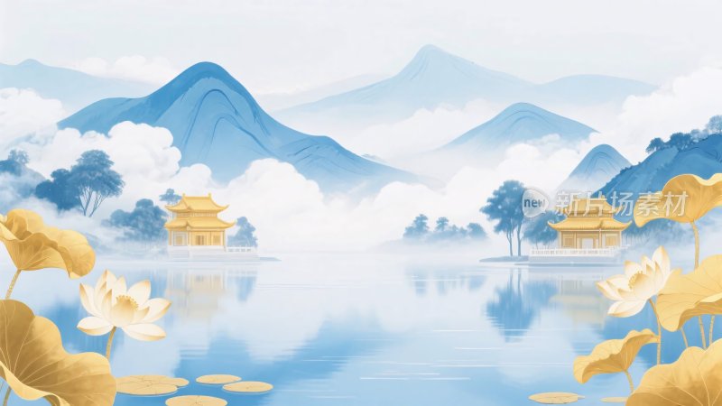 古风山水荷塘风景插画