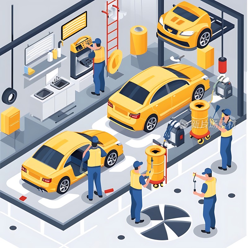 汽车维修车间里的忙碌工作场景