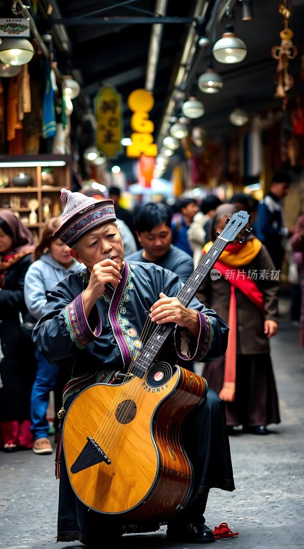 街头艺人在热闹市场中弹奏吉他