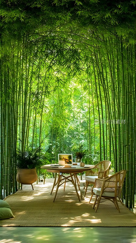 竹影斑驳下的宁静茶室