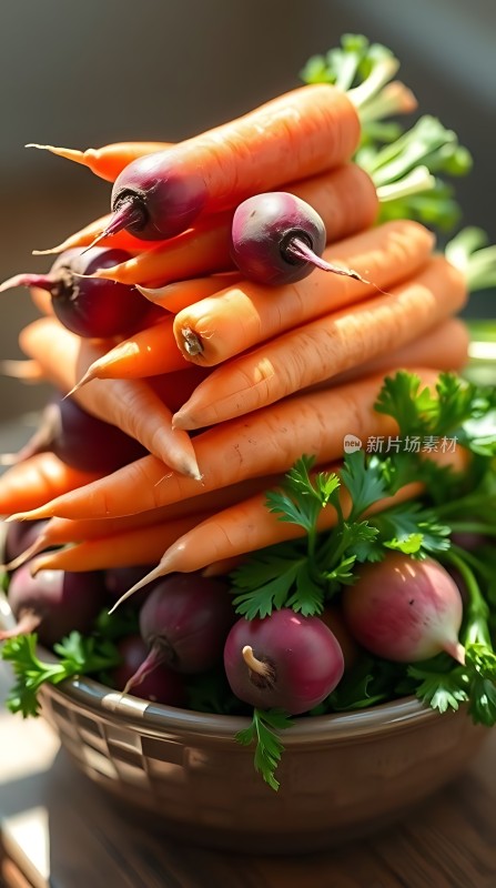 新鲜胡萝卜和萝卜堆叠展示