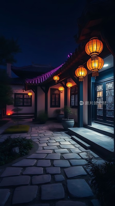 古风庭院夜色灯笼石板路