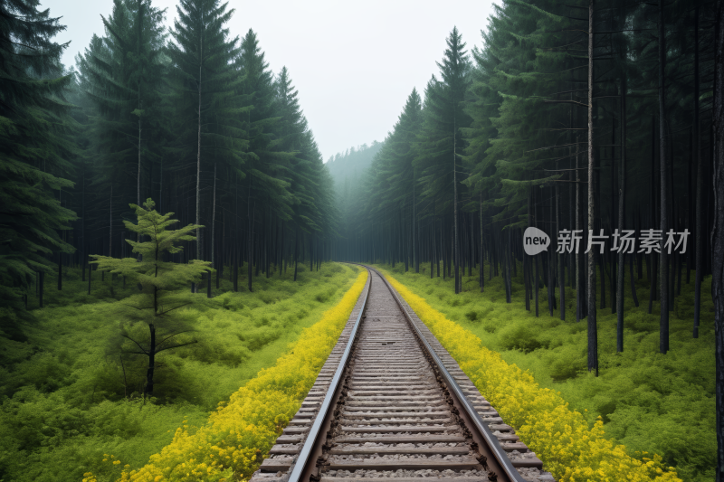 一条火车轨道正在穿过森林风光风景图片