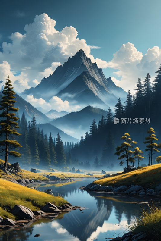 有湖泊和树木山景高清风景插图片