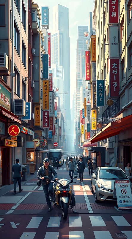 繁华都市街头摩登骑士与喧嚣生活