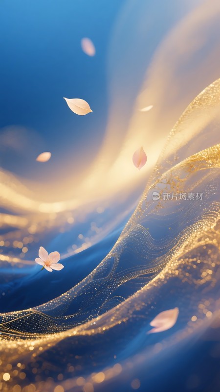 金色波光下的花瓣飘落