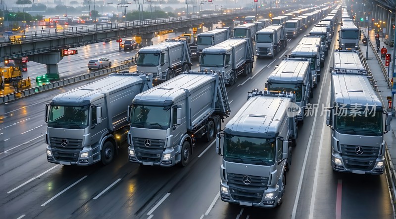 银色卡车在高速公路上排成长龙