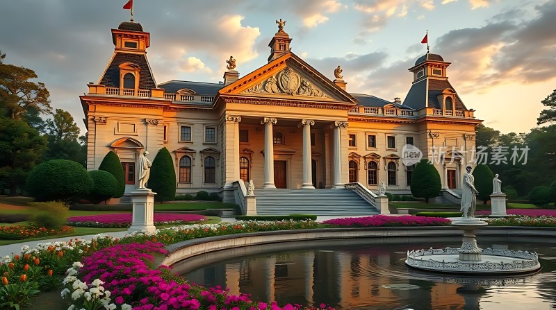 日落下的宏伟宫殿与花园