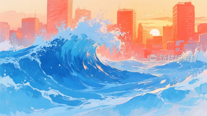 城市前的汹涌海浪插画