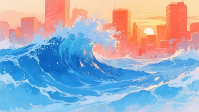 城市前的汹涌海浪插画 城市前的汹涌海浪插画