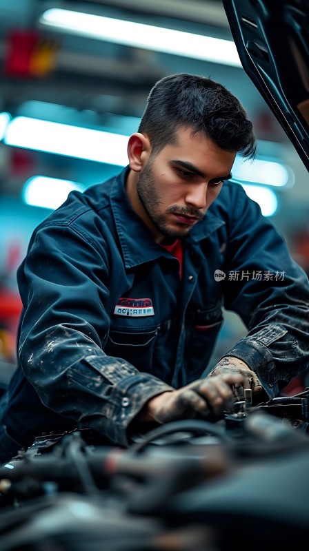 机械师专注检修汽车引擎