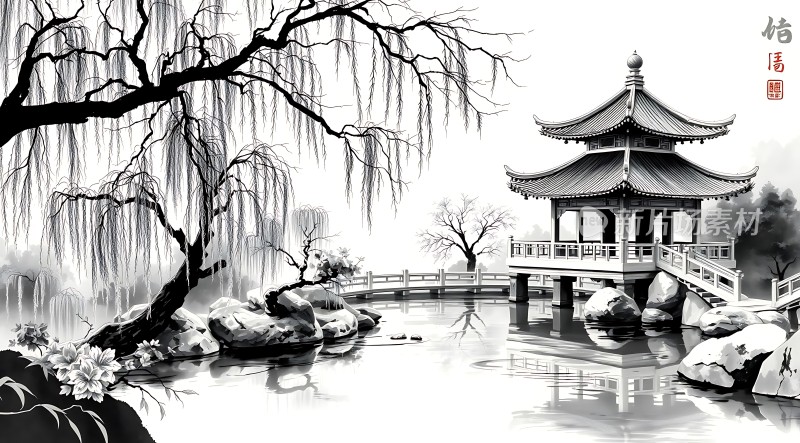 古亭垂柳映水景