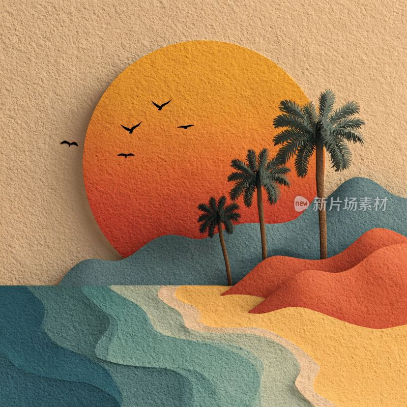 海边日落风景插画