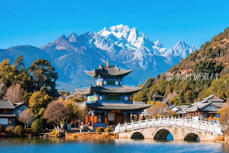 丽江古建雪山风景图