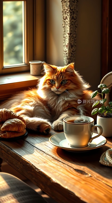 阳光下的橘猫与咖啡时光