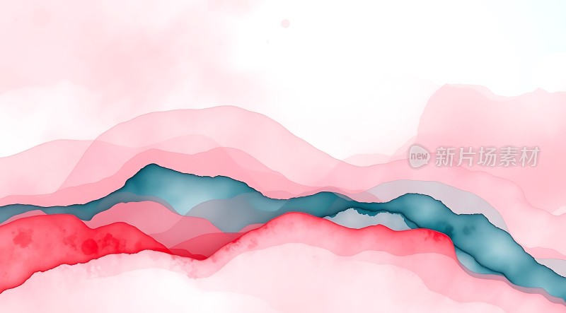 粉蓝渐变山水画