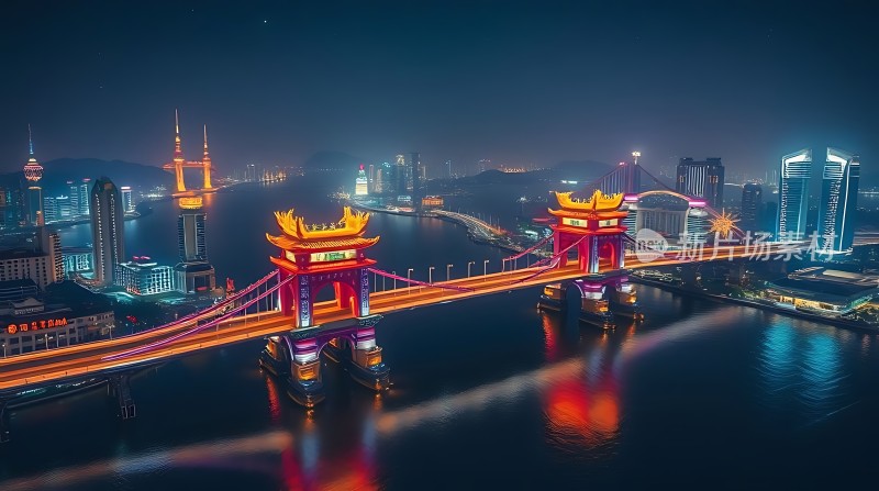 夜幕下灯火辉煌的跨江大桥