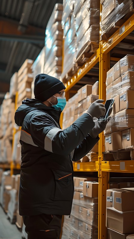 仓库工人手持手机扫描货物