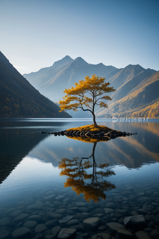 湖中央一个小岛上的树高清风景图片