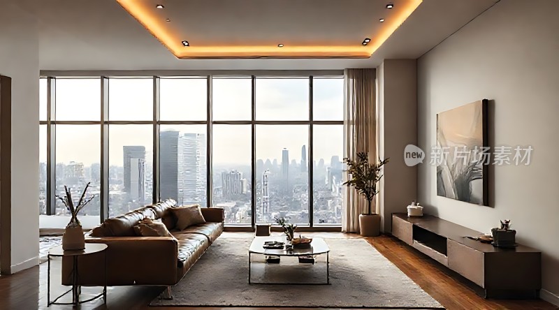 现代客厅全景落地窗与城市景观
