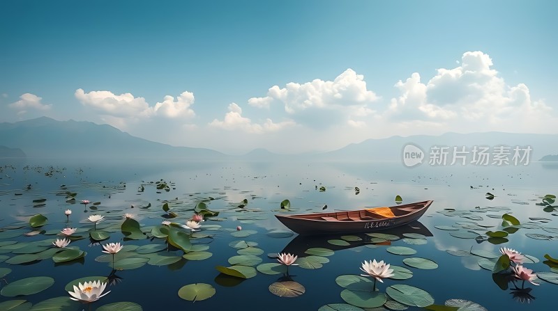 湖畔小舟映荷花