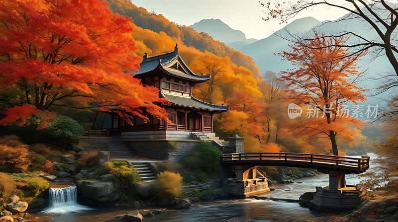 秋日古亭映红枫