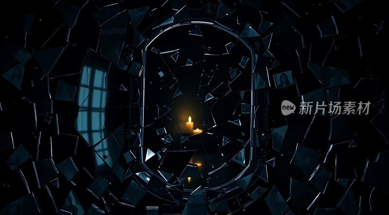黑暗中破碎玻璃围绕蜡烛